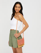Wooden Bead Cross-Body Bag, Orange (CORAL), large