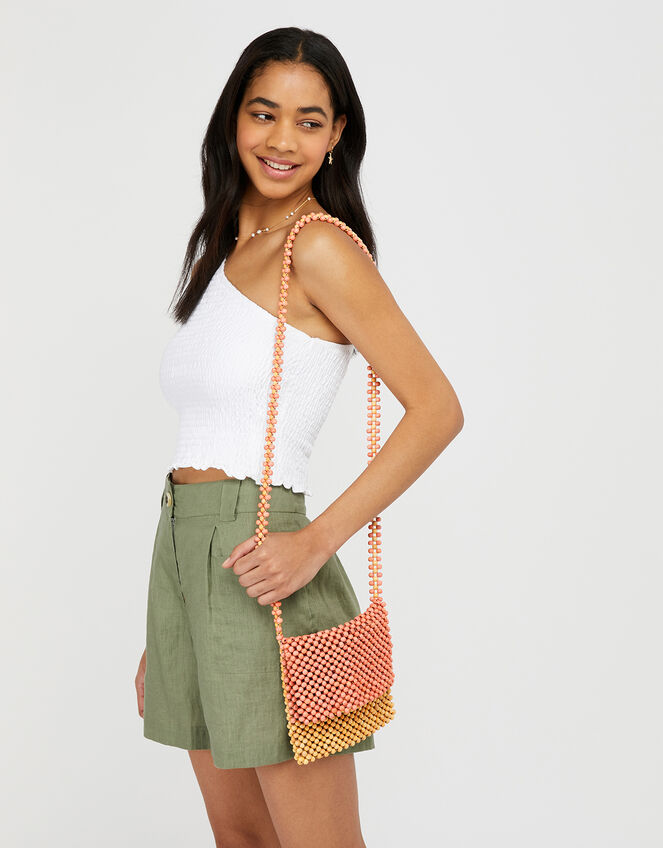 Wooden Bead Cross-Body Bag, Orange (CORAL), large