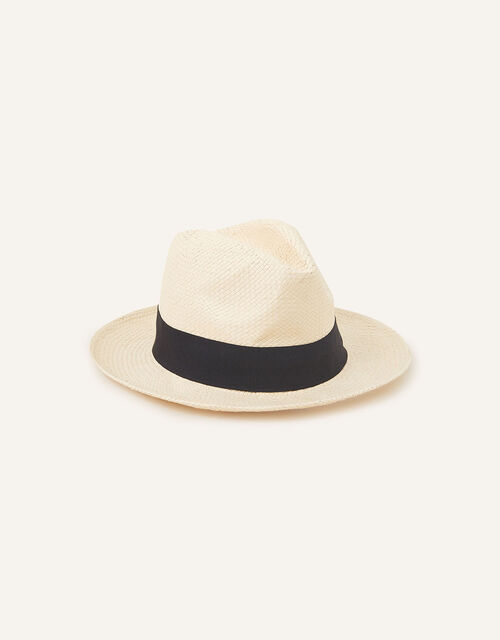 Straw Panama Hat with Wide Trim, Natural (NATURAL), large