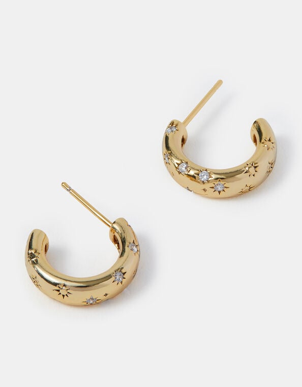 14ct Gold-Plated Star Diamanté Hoop Earrings, , large