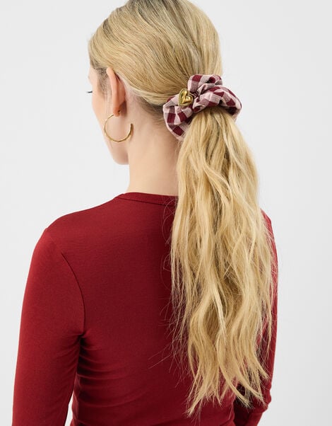 Heart Charm Check Print Hair Scrunchie, , large