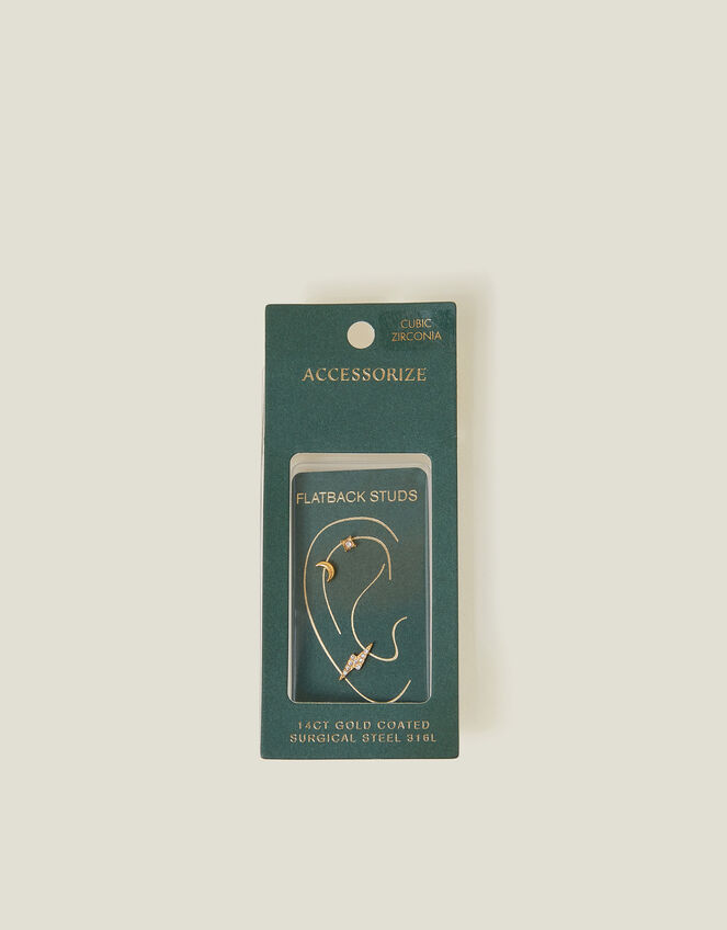 3-Pack 14ct Gold-Plated Celestial Flatback Stud Earrings, , large