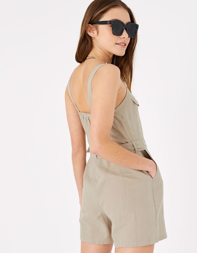 Belted Playsuit in Linen Blend, Green (KHAKI), large