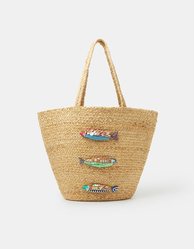 Beaded Fish Woven Basket Bag, , large