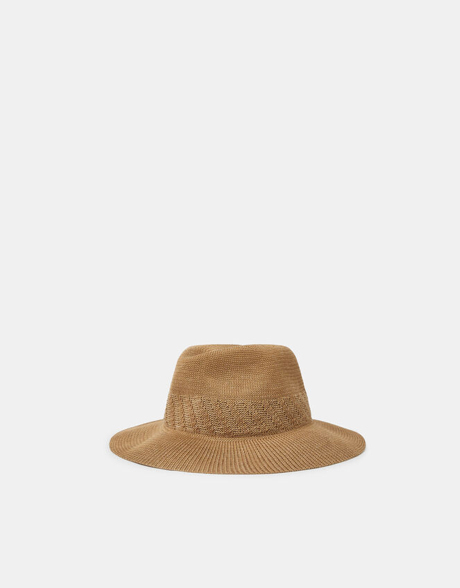 Woven Packable Fedora Hat, Tan (TAN), large