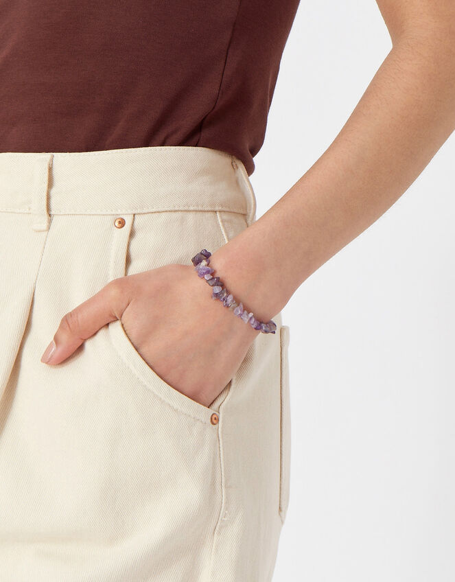 Raw Cut Stone Stretch Bracelet, Purple (PURPLE), large