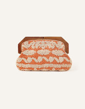 Raffia Beaded Wooden Frame Clutch Bag, Orange (ORANGE), large
