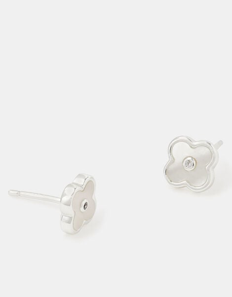 Sterling Silver Mother of Pearl Clover Stud Earrings, , large