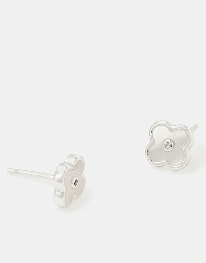 Sterling Silver Mother of Pearl Clover Stud Earrings, , large