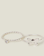 2-Pack Butterfly Diamante Rings, Silver (SILVER), large