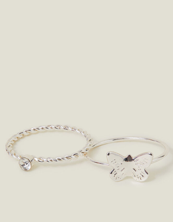 2-Pack Butterfly Diamante Rings, Silver (SILVER), large