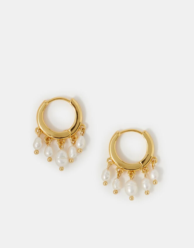 14ct Gold-Plated Pearl Hoop Drop Earrings, , large