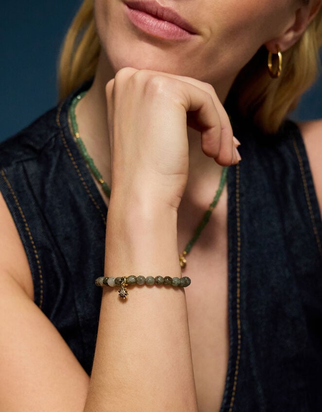 14ct Gold-Plated Healing Stone Bead Charm Bracelet, Grey (GREY), large