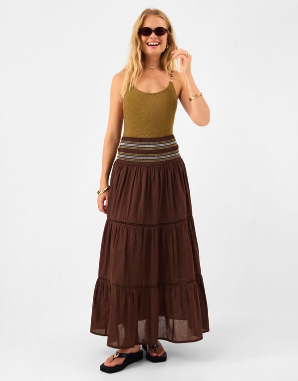 Smocked Cotton Maxi Skirt, Brown (CHOCOLATE), large
