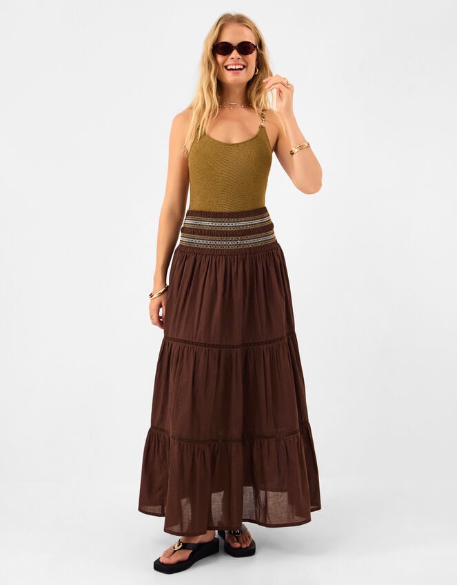 Smocked Cotton Maxi Skirt, Brown (CHOCOLATE), large