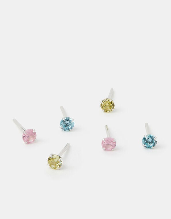3-Pack Sterling Silver Diamanté Stud Earrings, , large
