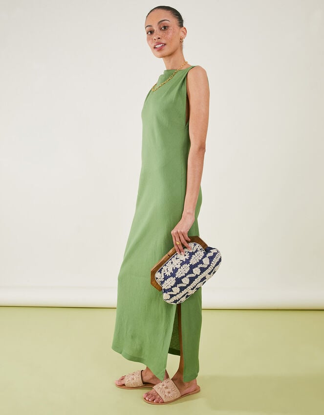 Raffia Beaded Wooden Frame Clutch Bag, Blue (NAVY), large