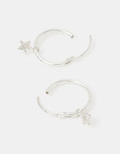 Sterling Silver Star Charm Hoop Earrings, , large