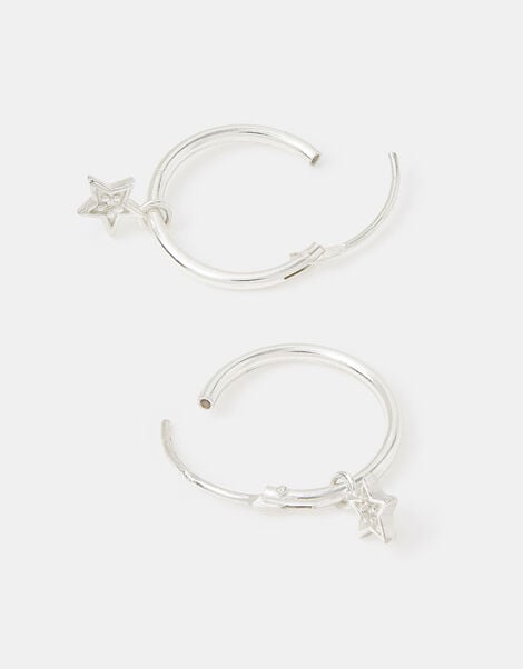 Sterling Silver Star Charm Hoop Earrings, , large