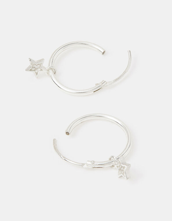 Sterling Silver Star Charm Hoop Earrings, , large