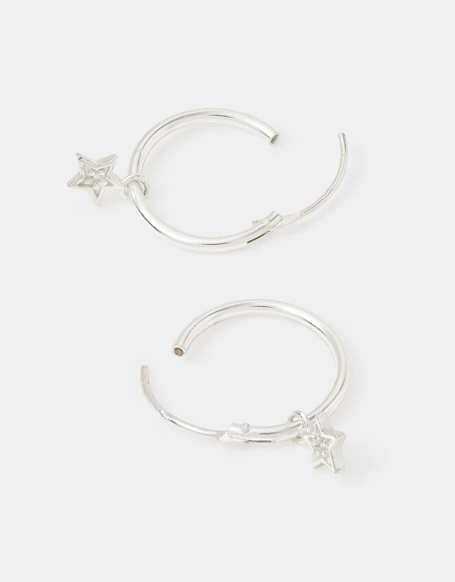 Sterling Silver Star Charm Hoop Earrings, , large