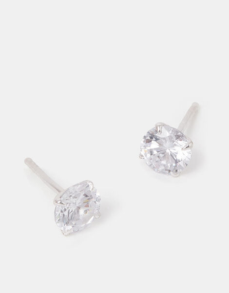 Sterling Silver Round Diamante Stud Earrings, , large