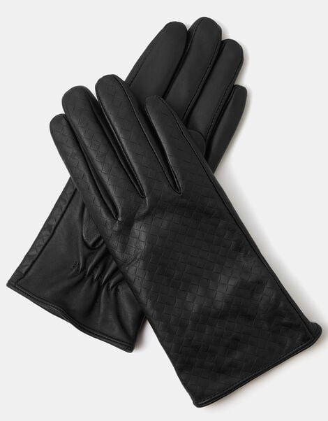 Woven Leather Gloves, Black (BLACK), large