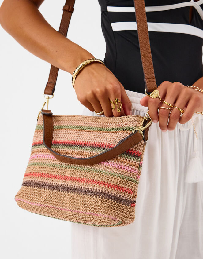 Woven Stripe Raffia Crossbody Bag, , large