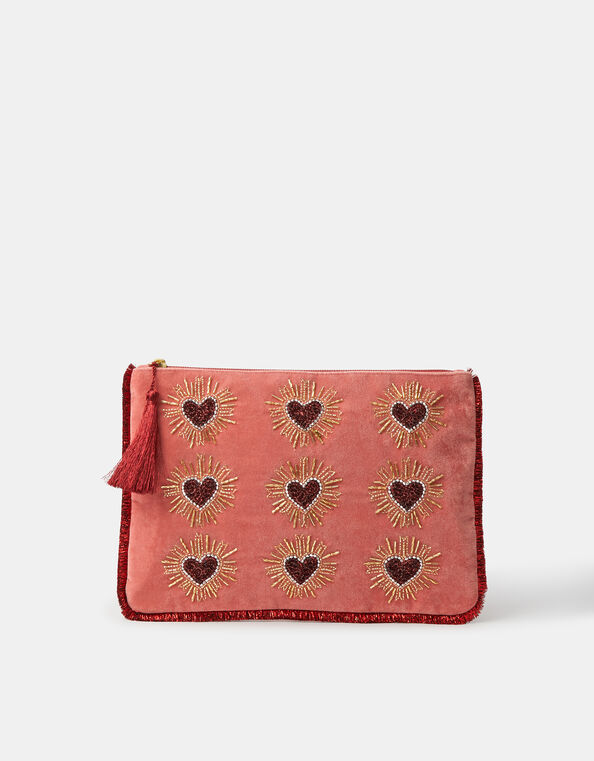 Large Heart Embellished Velvet Pouch, , large