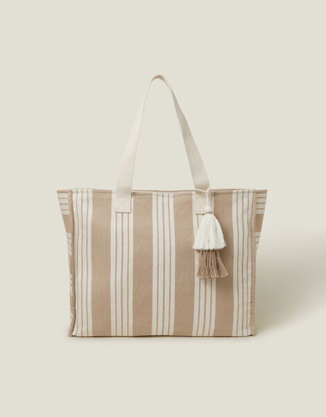 Large Stripe Beach Bag, Natural (NATURAL), large
