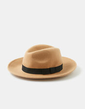 Ribbon Trim Fedora in Pure Wool, Camel (CAMEL), large