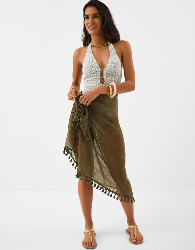 Tassel Trim Sarong, Green (KHAKI), large