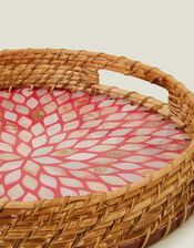 Round Inlay Raffia Tray Pink, , large