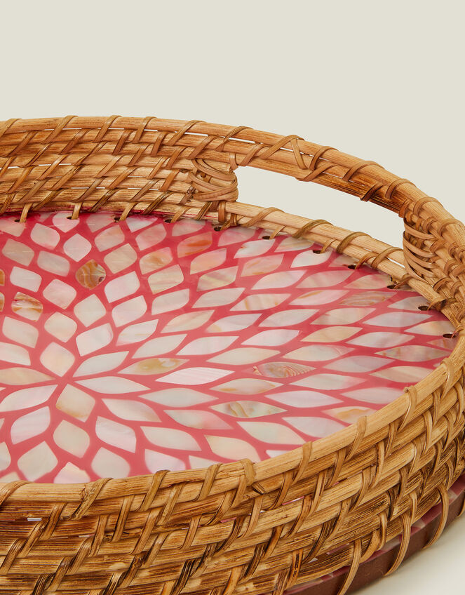 Round Inlay Raffia Tray Pink, , large