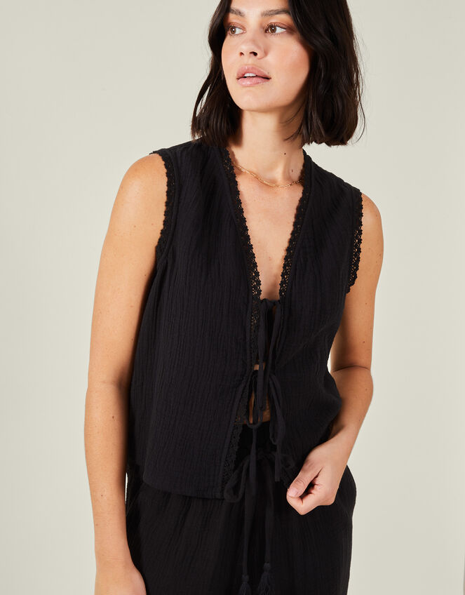 Tie-Front Crinkle Waistcoat, Black (BLACK), large