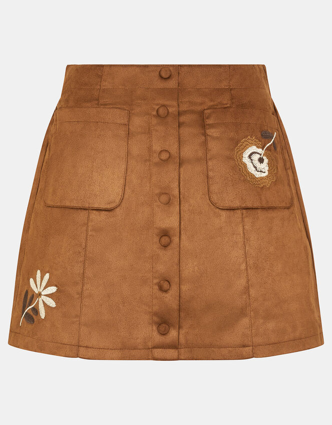 Floral Embroidered Suedette Mini Skirt, Tan (TAN), large