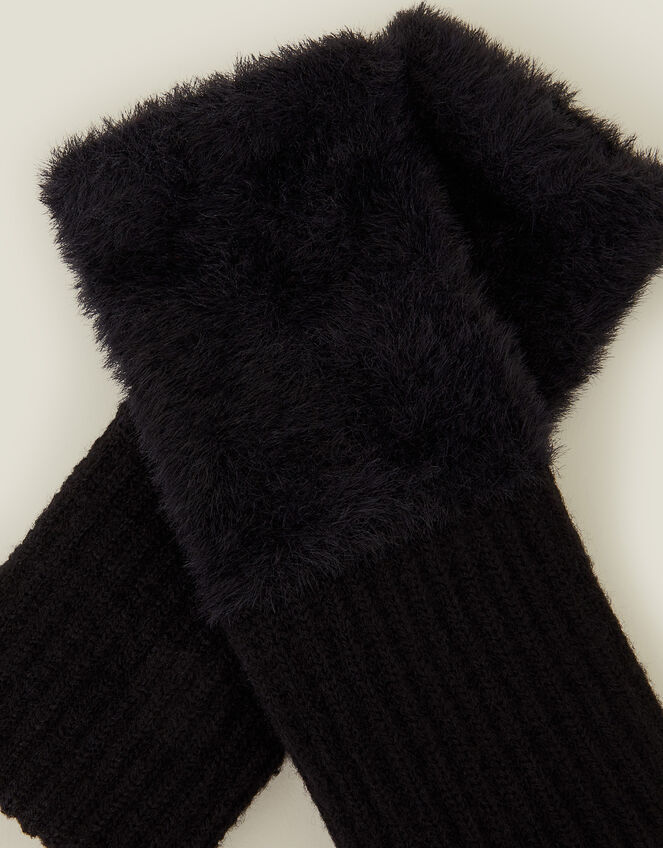 Fluffy Knit Cut Off Gloves, Black (BLACK), large