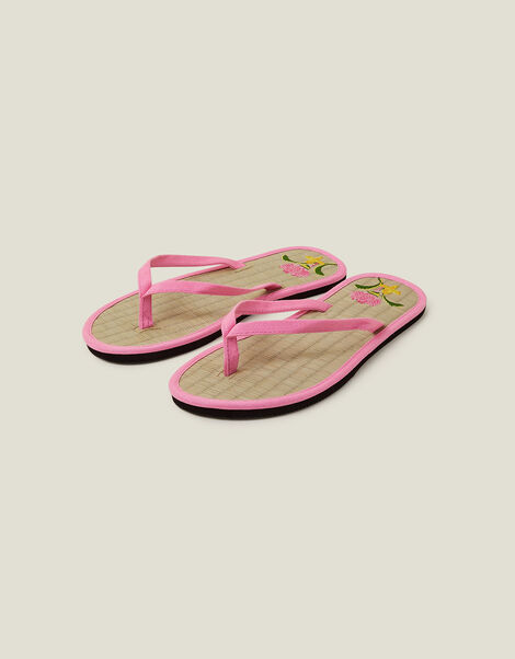 Floral Embroidered Seagrass Flip Flops, Pink (PINK), large