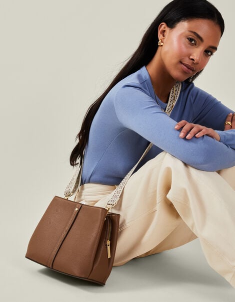 Faux Leather Webbing Strap Crossbody Bag, Tan (TAN), large