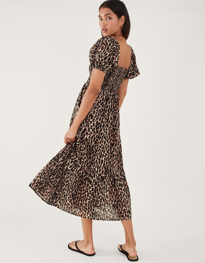 Leopard Print Shirred Puff Sleeve Dress, Brown (BROWN), large