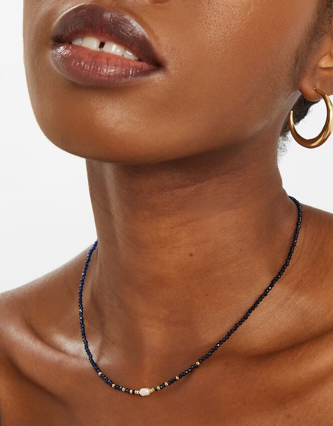 14ct Gold-Plated Pearl Beaded Necklace, Blue (BLUE), large