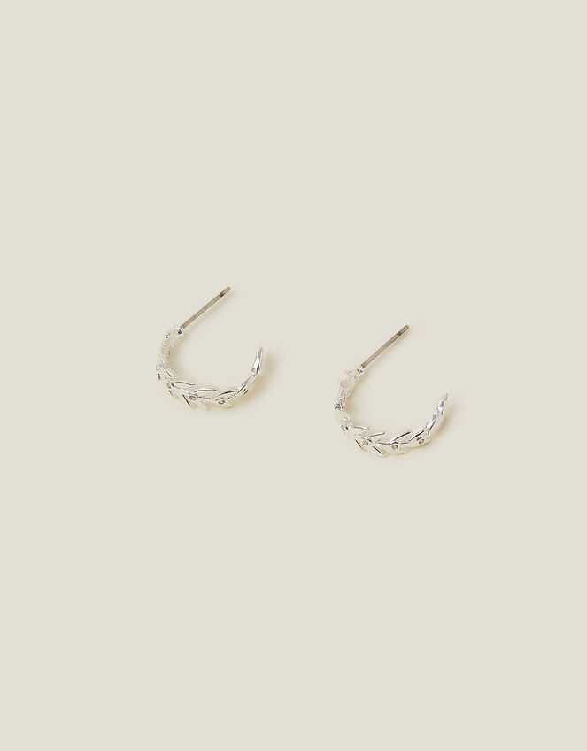 Sterling Silver-Plated Sparkle Leaf Hoop Earrings, , large
