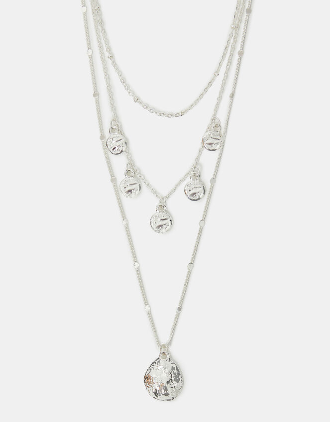 Textured Disc Charm Layered Necklace Silver, , large