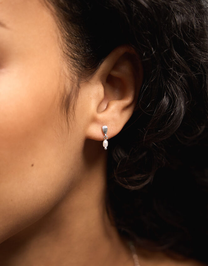 4-Pack Sterling Silver-Plated Shell Stud & Hoop Earrings, , large