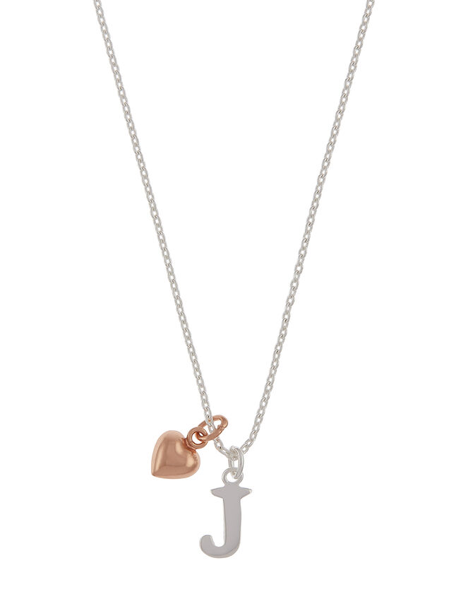 Sterling Silver Initial Necklace with Heart Charm - J, , large