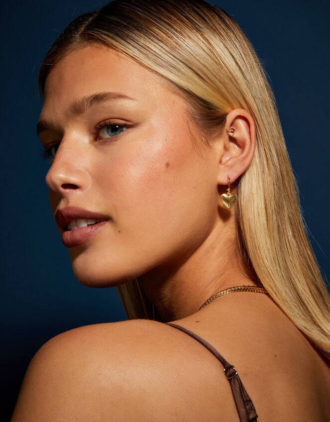 14ct Gold-Plated Ridge Heart Drop Hoop Earrings, , large