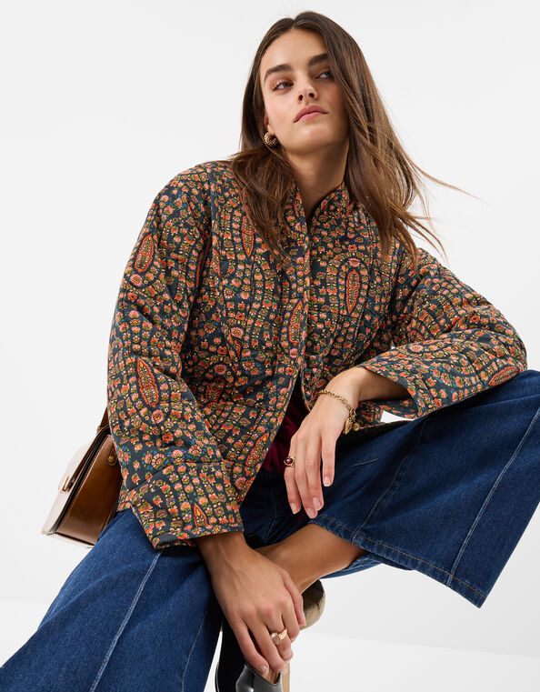 Floral Paisley Print Quilted Jacket, Black (BLACK), large