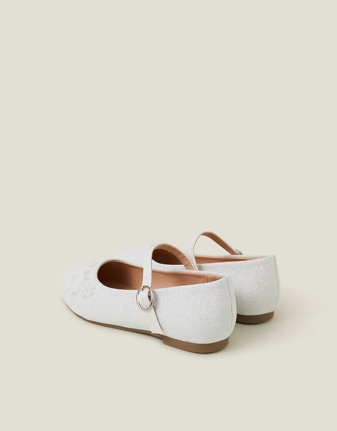 Girls Flower Glitter Strappy Ballet Flats, Ivory (IVORY), large