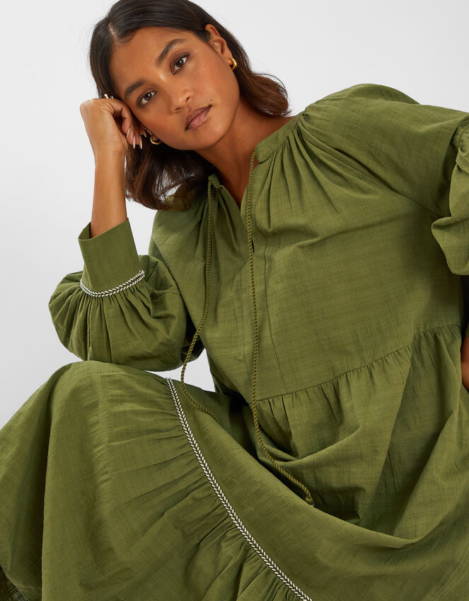 Long-Sleeve Tiered Maxi Dress, Green (KHAKI), large
