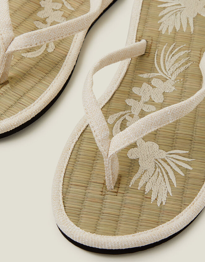 Embroidered Seagrass Flip Flops, Ivory (IVORY), large